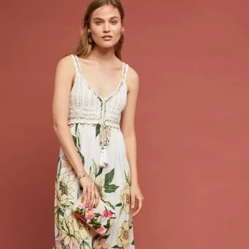 FARM Rio for Anthropologie Protea in Ivory Floral Crochet Top Maxi Dress